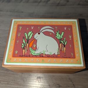 Vintage 1982 Taylor and Ng Rascal Rabbit Ceramic Trivet Wooden Hinge Recipe Box